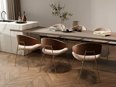 Modern Dining Table Set With Wooden Top Upholstered Chairs And Decorative Plants On Herringbone Floor 3d model