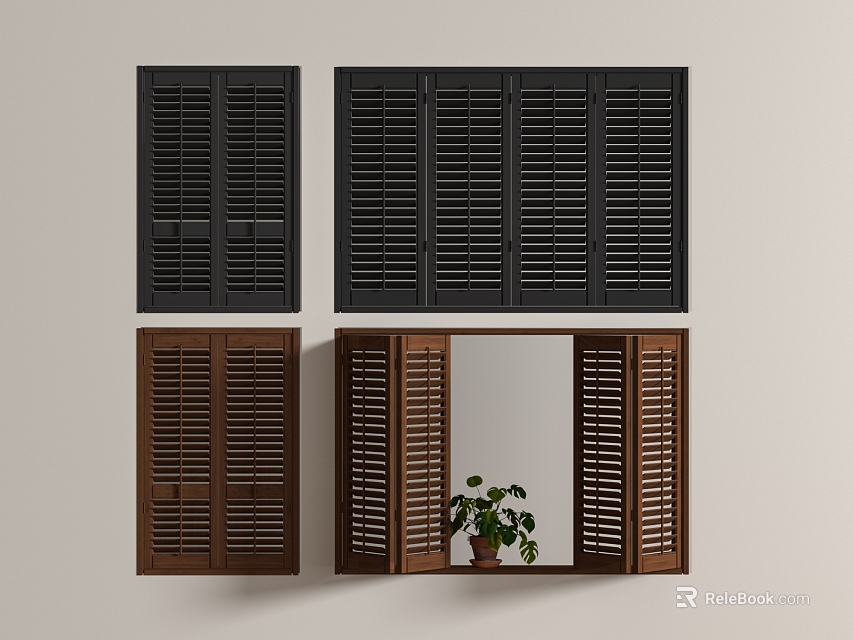 Black And Brown Wooden Shutters For Home Interior With Open Closed Designs 3d model 