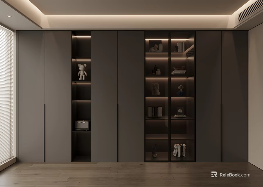 Modern Gray Bookcase With Glass Doors LED Lighting And Storage Compartments Design 3d model 