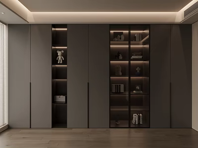 Modern Gray Bookcase With Glass Doors LED Lighting And Storage Compartments Design 3d model
