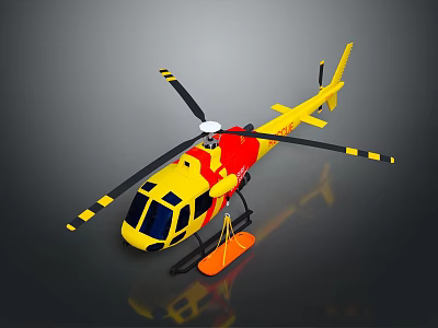 Yellow and Red Helicopter with Black Rotor Blades and Orange Floats on Gray Background 3d model