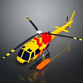 Yellow and Red Helicopter with Black Rotor Blades and Orange Floats on Gray Background