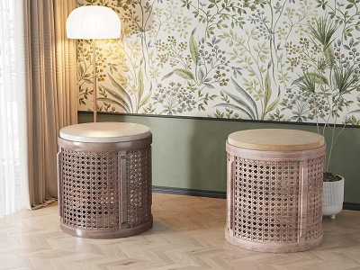 Elegant Round Rattan Stools With Green Plant Patterned Wallpaper Floor Lamp And Wooden Floor 3d model