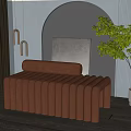 Pink Upholstered Sofa Bench with Ribbed Design in Modern Room Gray Wall Arched Decor and Potted Plant