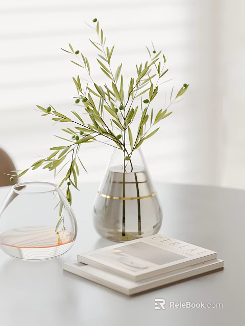 Decorative Ornament Set With Transparent Glass Vase Olive Branches Water And Golden Stripes 3d model 