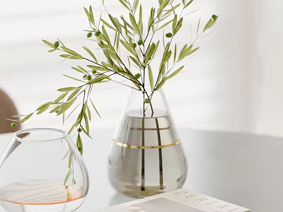Decorative Ornament Set With Transparent Glass Vase Olive Branches Water And Golden Stripes 3d model