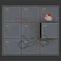 Vintage Metal Lockers With Multiple Compartments Graffiti Stickers Red Circle Mark And Open Door