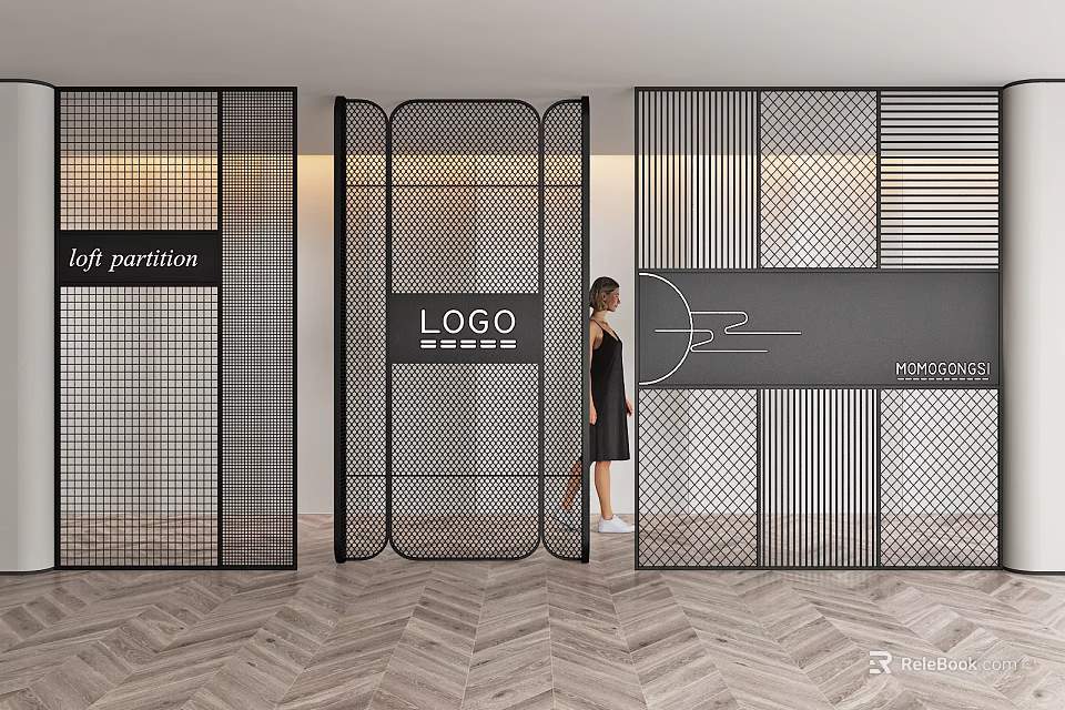 Modern Loft Interior With Black Partition Featuring Stylish Grid Line Design 3d model 