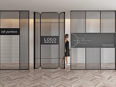 Modern Loft Interior With Black Partition Featuring Stylish Grid Line Design 3d model