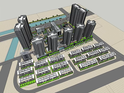 Contemporary Residential Complex Design with High rise Buildings Low rise Dwellings Green Zones and Roads 3d model
