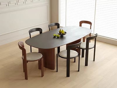 Modern Oval Dining Table And Chair Set With Light Cushions And Wooden Floor 3d model