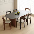 Modern Oval Dining Table And Chair Set With Light Cushions And Wooden Floor
