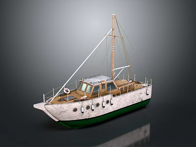 Vintage White Sailing Boat With Green Hull Mast And Round Deck Windows 3d model