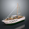 Vintage White Sailing Boat With Green Hull Mast And Round Deck Windows