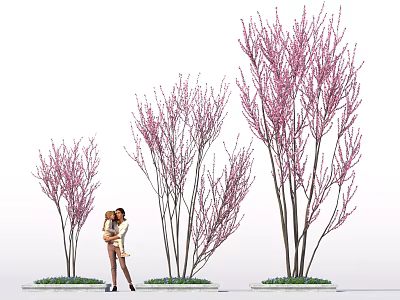 Tall Flowering Shrubs With Pink Blossoms And Couple Standing Near Garden Landscape 3d model
