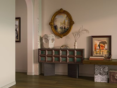 Modern Entrance Console Table With Grid Design Decorative Vase And Golden Frame Oval Painting 3d model