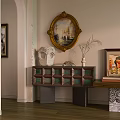 Modern Entrance Console Table With Grid Design Decorative Vase And Golden Frame Oval Painting