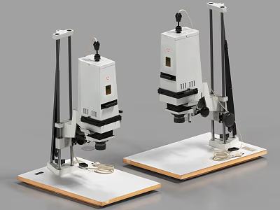Dual Industrial Precision Optical Equipment With White Body Black Stand Wooden Base And Adjustable Knobs 3d model
