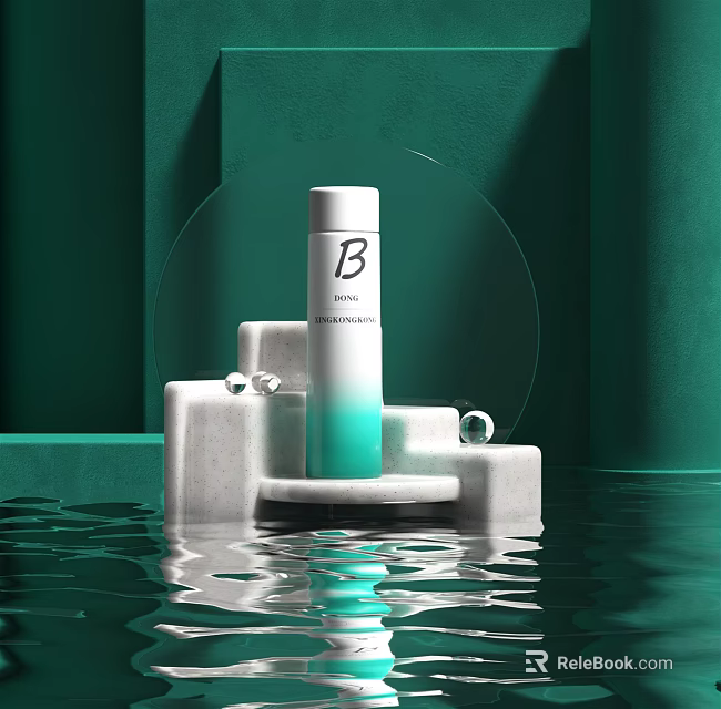 Elegant Perfume Cosmetics Bottle Design With Teal Gradient White Pedestal Green Backdrop And Water Reflection 3d model 
