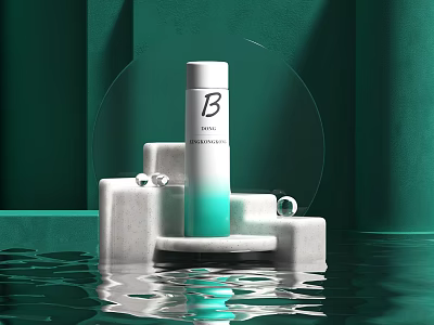 Elegant Perfume Cosmetics Bottle Design With Teal Gradient White Pedestal Green Backdrop And Water Reflection 3d model