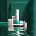 Elegant Perfume Cosmetics Bottle Design With Teal Gradient White Pedestal Green Backdrop And Water Reflection