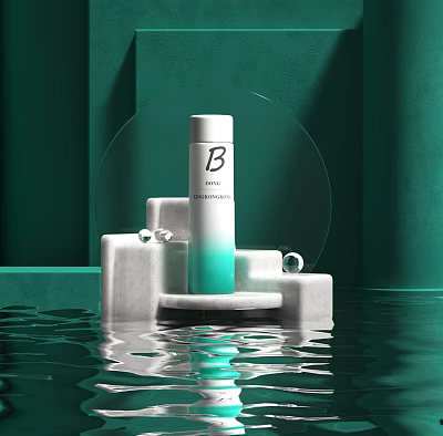 Elegant Perfume Cosmetics Bottle Design With Teal Gradient White Pedestal Green Backdrop And Water Reflection 3d model