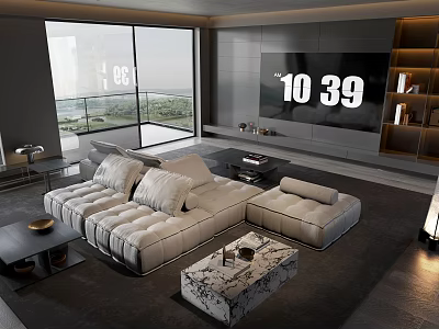 Modern Living Room Interior With Large Windows L Shaped Sofa And Marble Coffee Table 3d model