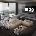 Modern Living Room Interior With Large Windows L Shaped Sofa And Marble Coffee Table