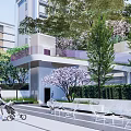 Residential Landscape Featuring Wooden Deck White Umbrella Seats And Green Garden Plants