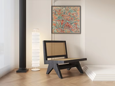 Modern Black Frame Leisure Chair With Rattan Backrest And Colorful Abstract Art 3d model