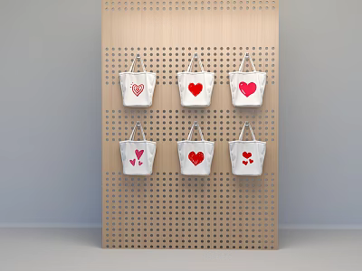 Six White Handbags With Red Heart Patterns Hanging On Wooden Pegboard With Hole Design 3d model