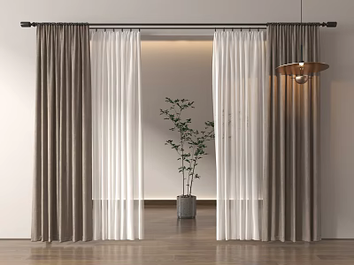 Double Layer Brown Curtains With White Sheer Panels For Modern Interior With Wooden Floor 3d model