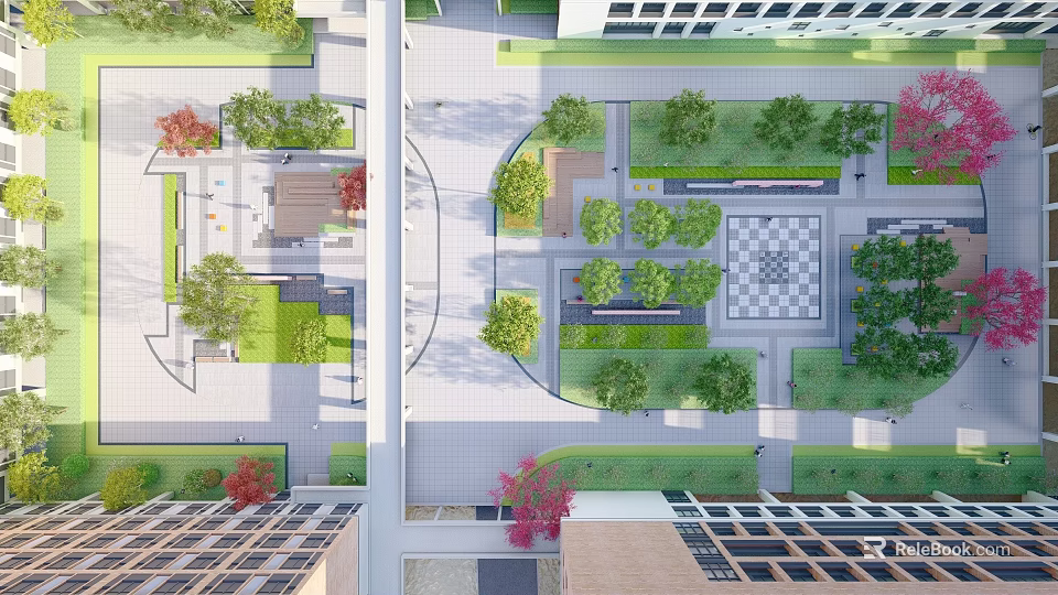 Courtyard Garden Landscaped Design Featuring Various Trees Plants Stone Pathways And Square Area 3d model 