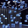 Futuristic Modern Art Installation With Hanging Illuminated Square Panels And Reflective Floor