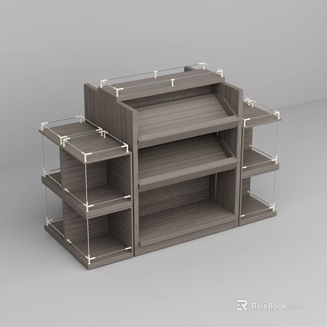 Modern Liquor Store Interior With Wooden Multi Tiered Shelves And Transparent Railings 3d model 