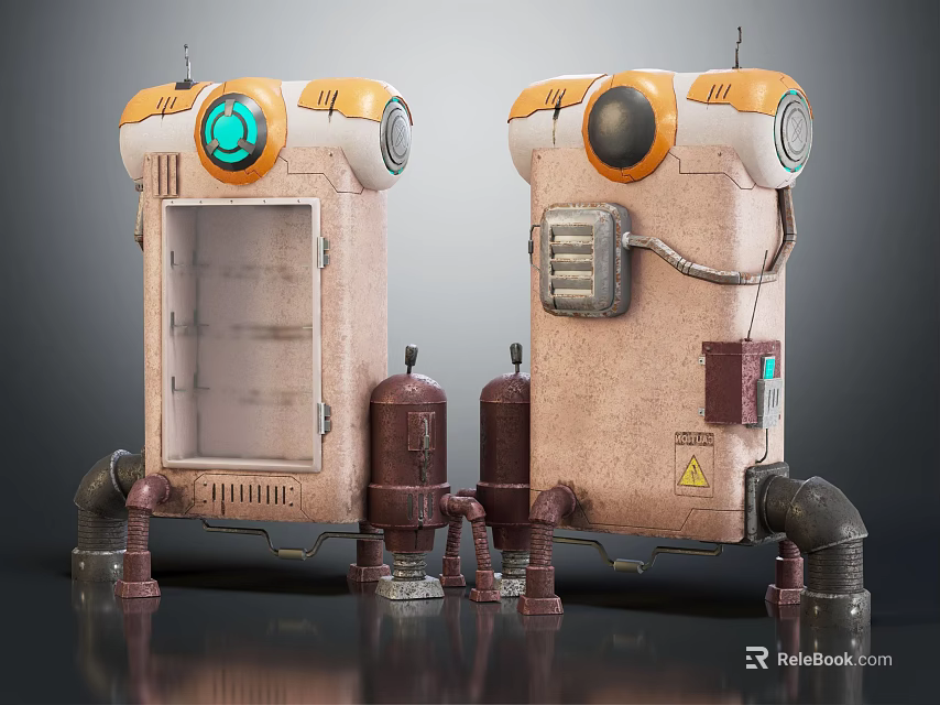 Futuristic Sci Fi Mechanical Devices With Orange Beige Exteriors Circular Lights Pipes And Tanks 3d model 
