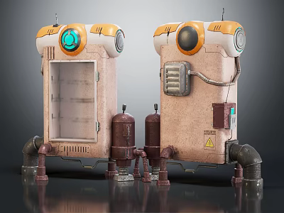 Futuristic Sci Fi Mechanical Devices With Orange Beige Exteriors Circular Lights Pipes And Tanks 3d model