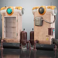 Futuristic Sci Fi Mechanical Devices With Orange Beige Exteriors Circular Lights Pipes And Tanks