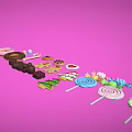 Assorted Colorful Candies and Desserts Including Donuts Gingerbread Men Lollipops and Cookies on Pink Background
