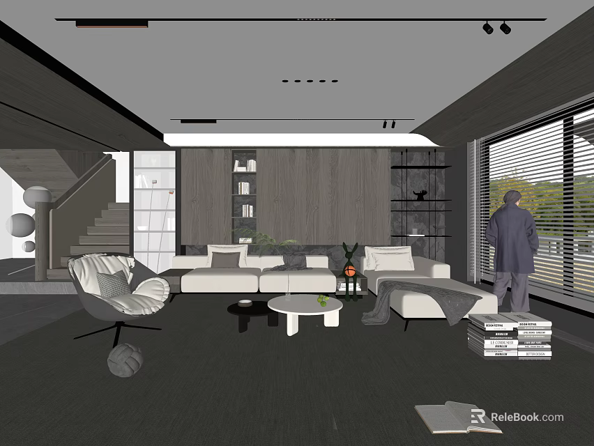 Modern Living Room Interior With White Sofa Round Coffee Table Wooden Wall And Large Windows 3d model 
