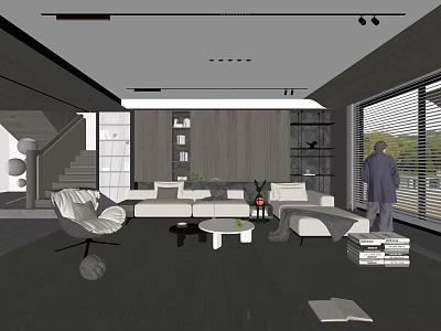 Modern Living Room Interior With White Sofa Round Coffee Table Wooden Wall And Large Windows 3d model