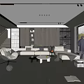 Modern Living Room Interior With White Sofa Round Coffee Table Wooden Wall And Large Windows