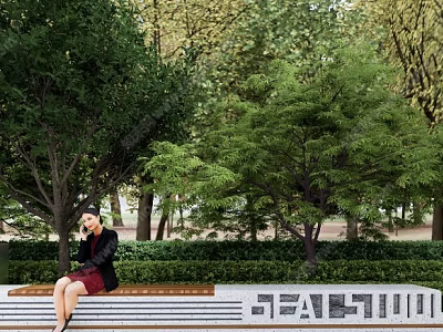 Outdoor Bench in Park with Lush Green Trees and Natural Foliage for Relaxing Seating 3d model