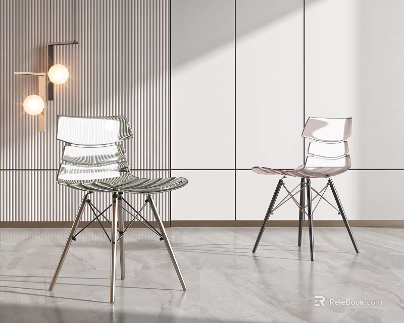 Stylish Modern Leisure Chairs With Metal Legs In Minimalist Interior And Striped Wall 3d model 
