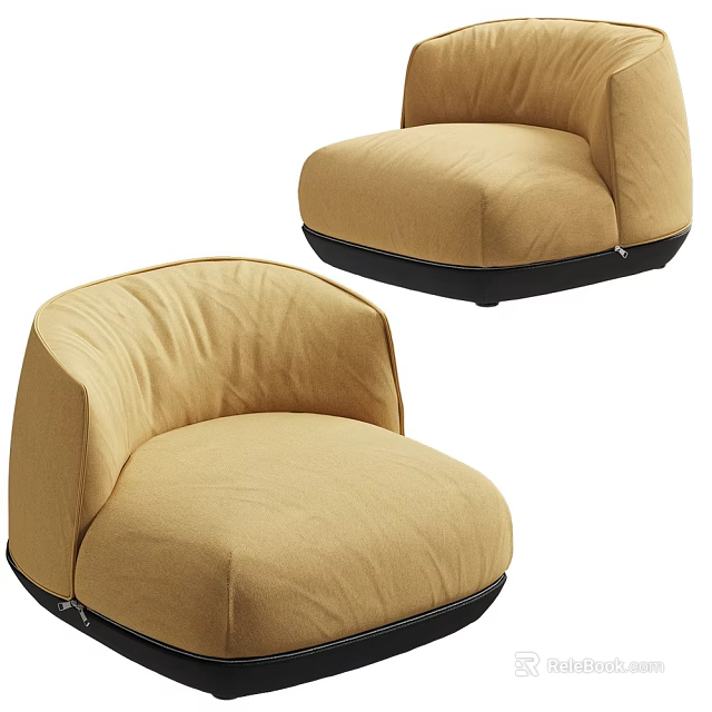 Comfortable Yellow Fabric Single Sofa With Curved Back And Black Base Design 3d model