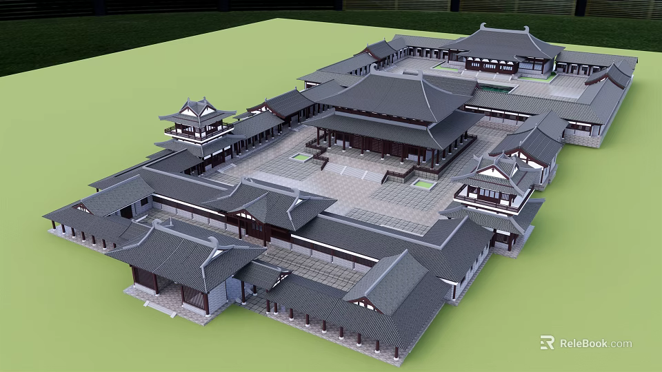 Traditional Ancient Chinese Architecture Complex Featuring Courtyard Symmetrical Layout And Grey Tiles 3d model 