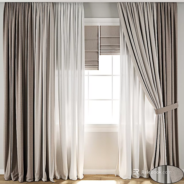 Gray White Double Layer Light Filtering Linen Sheer Curtains Modern Window Room Decoration 3d model 