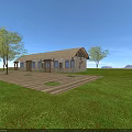Rustic Homestay Building With Thatched Roof Covered Porch Large Windows And Wooden Deck