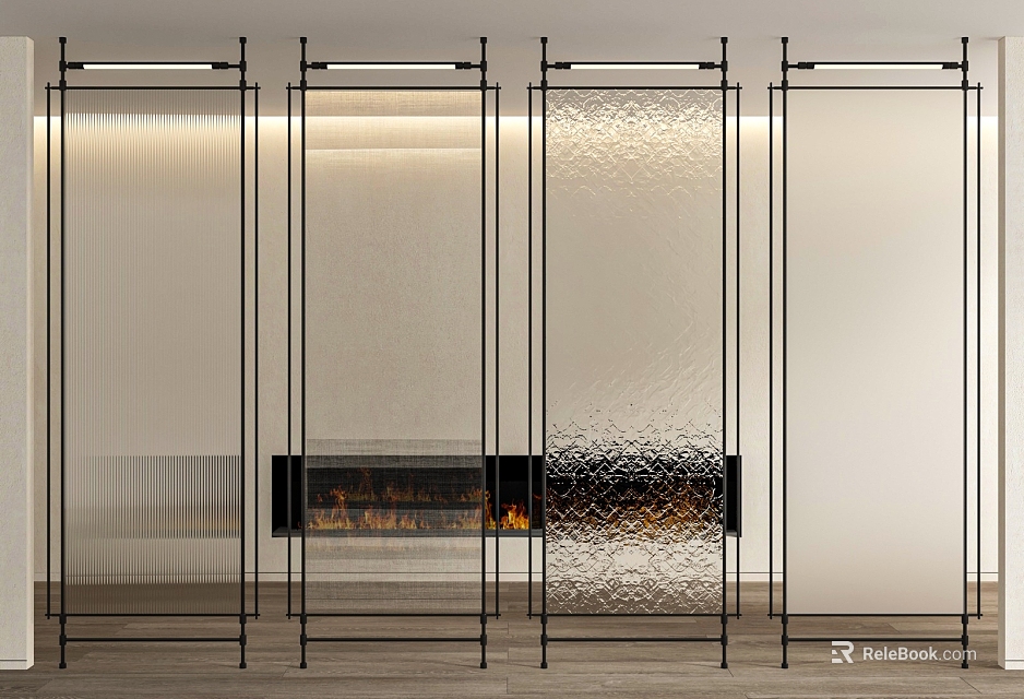 Modern Glass Room Dividers In Interior Design With Metal Frames And Fireplace 3d model 