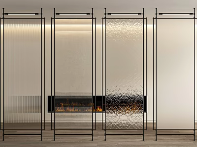 Modern Glass Room Dividers In Interior Design With Metal Frames And Fireplace 3d model